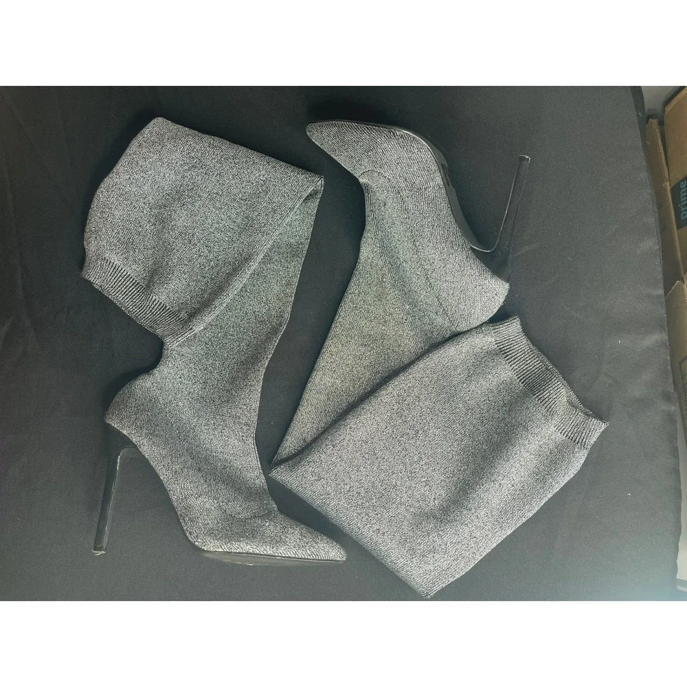 Veronique WC Silver Metallic Knit Over The Knee Thigh High Stiletto Boots 8.5 39